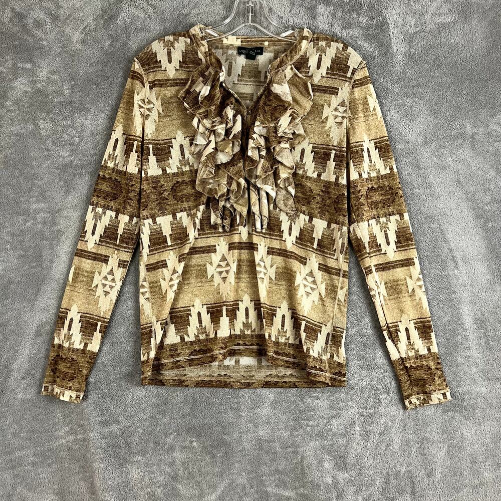 Ralph Lauren Jeans Co Blouse Womens XL Aztec Semi-Sheer Mesh Ruffle Southwestern